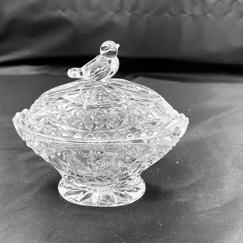 Vintage Hofbauer Germany Crystal Bird On Trinket Box 24% Clear Lead Glass